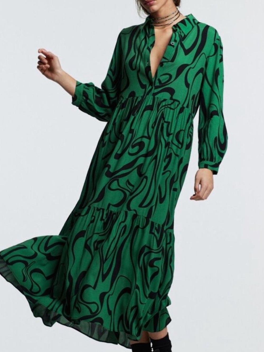ZARA Green & Black Abstract Swirl Printed Tiered Shirt Dress. Size S.
